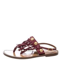 Valentino Maroon Leather Fringed Coin Detail Thong Sandals Size 37.5