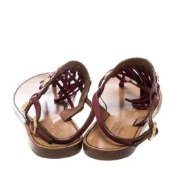 Valentino Maroon Leather Fringed Coin Detail Thong Sandals Size 37.5