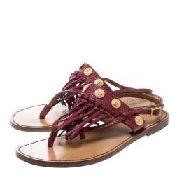 Valentino Maroon Leather Fringed Coin Detail Thong Sandals Size 37.5