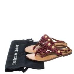 Valentino Maroon Leather Fringed Coin Detail Thong Sandals Size 37.5