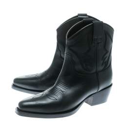 Pre Owned Valentino Black Texan Embroidered Leather Pointed Toe Cowboy Boots Size 36