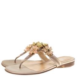 Pre Owned Valentino Beige Satin Crystal Embellished Thong Flats Size 38