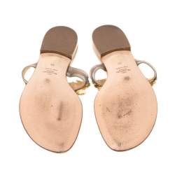 Pre Owned Valentino Beige Satin Crystal Embellished Thong Flats Size 38