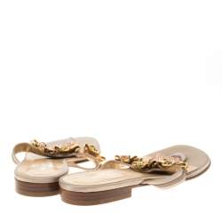 Pre Owned Valentino Beige Satin Crystal Embellished Thong Flats Size 38