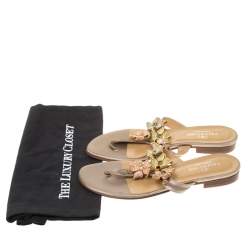 Pre Owned Valentino Beige Satin Crystal Embellished Thong Flats Size 38
