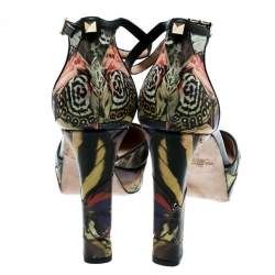 Pre Owned Valentino Multicolor Printed Leather Butterfly Ankle Strap Platform Pumps Size 39
