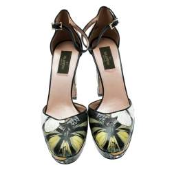 Pre Owned Valentino Multicolor Printed Leather Butterfly Ankle Strap Platform Pumps Size 39