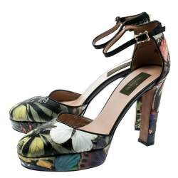 Pre Owned Valentino Multicolor Printed Leather Butterfly Ankle Strap Platform Pumps Size 39