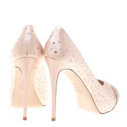 Pre Owned Valentino Beige Crystal Embellished Satin/Mesh Criss Cross Platform Pumps Size 37.5