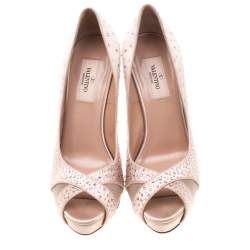 Pre Owned Valentino Beige Crystal Embellished Satin/Mesh Criss Cross Platform Pumps Size 37.5