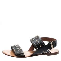 Pre Owned Valentino Black Embellished Leather Flat Sandals Size 37