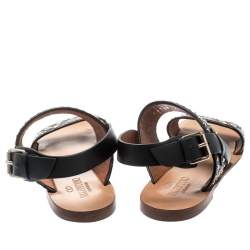 Pre Owned Valentino Black Embellished Leather Flat Sandals Size 37