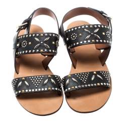 Pre Owned Valentino Black Embellished Leather Flat Sandals Size 37