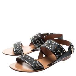 Pre Owned Valentino Black Embellished Leather Flat Sandals Size 37