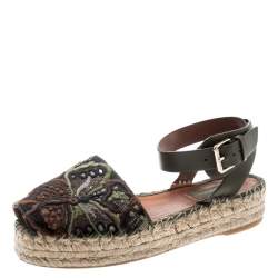مملوكة مسبقًا Valentino Olive Embroidered And Leather Ankle Strap Espadrille Sandals Size 36