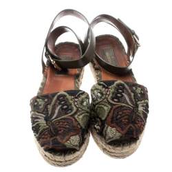 مملوكة مسبقًا Valentino Olive Embroidered And Leather Ankle Strap Espadrille Sandals Size 36