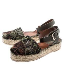 مملوكة مسبقًا Valentino Olive Embroidered And Leather Ankle Strap Espadrille Sandals Size 36