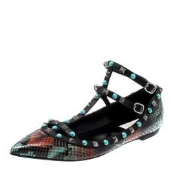 Pre Owned Valentino Multicolor Python Rolling Rockstud Ankle Strap Flats Size 40