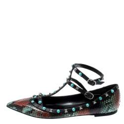 Pre Owned Valentino Multicolor Python Rolling Rockstud Ankle Strap Flats Size 40