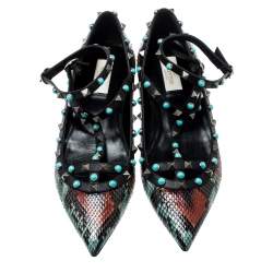 Pre Owned Valentino Multicolor Python Rolling Rockstud Ankle Strap Flats Size 40