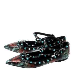 Pre Owned Valentino Multicolor Python Rolling Rockstud Ankle Strap Flats Size 40
