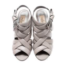 Pre Owned Valentino Grey Leather Peep Toe Strappy Open Toe Sandals Size 37