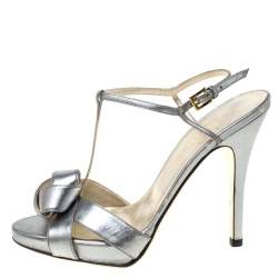 Valentino Metallic Silver Leather Knotted T-Strap Sandals Size 36.5