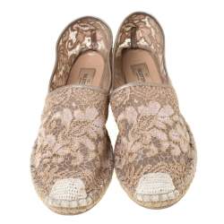 Pre Owned Valentino Metallic Pink Lace Espadrille Flats Size 40