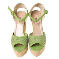 Pre Owned Valentino Green Studded Leather Espadrille Wedge Ankle Strap Sandals Size 39