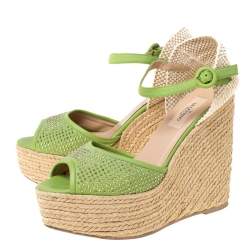 Pre Owned Valentino Green Studded Leather Espadrille Wedge Ankle Strap Sandals Size 39