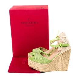 Pre Owned Valentino Green Studded Leather Espadrille Wedge Ankle Strap Sandals Size 39
