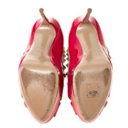 Pre Owned Valentino Pink/Beige Patent Leather Rockstud Crisscross Peep Toe Platform Pumps Size 39.5