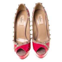 Pre Owned Valentino Pink/Beige Patent Leather Rockstud Crisscross Peep Toe Platform Pumps Size 39.5