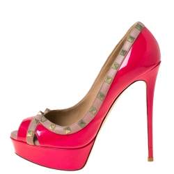 Pre Owned Valentino Pink/Beige Patent Leather Rockstud Crisscross Peep Toe Platform Pumps Size 39.5