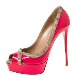 Pre Owned Valentino Pink/Beige Patent Leather Rockstud Crisscross Peep Toe Platform Pumps Size 39.5