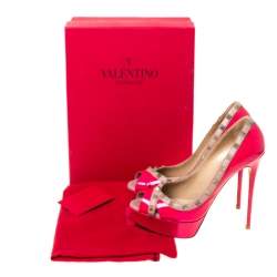 Pre Owned Valentino Pink/Beige Patent Leather Rockstud Crisscross Peep Toe Platform Pumps Size 39.5