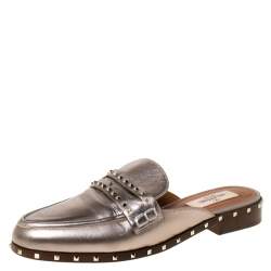 Pre Owned Valentino Metallic Bronze Leather Soul Rockstud Flat Mules Size 35