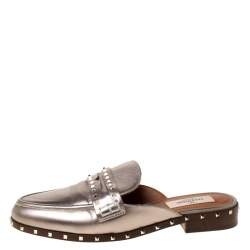 Pre Owned Valentino Metallic Bronze Leather Soul Rockstud Flat Mules Size 35
