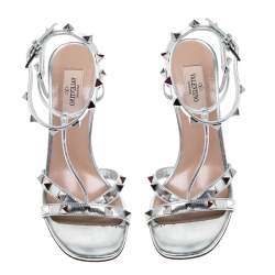 Pre Owned Valentino Metallic Silver Leather Rockstud Strappy Sandals Size 37