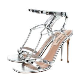 Pre Owned Valentino Metallic Silver Leather Rockstud Strappy Sandals Size 37