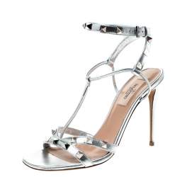 Pre Owned Valentino Metallic Silver Leather Rockstud Strappy Sandals Size 37