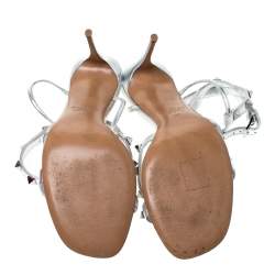 Pre Owned Valentino Metallic Silver Leather Rockstud Strappy Sandals Size 37