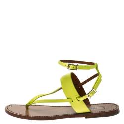 Pre Owned Valentino Yellow Leather Ankle Strap Flat Sandals Size 39.5