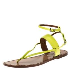 Pre Owned Valentino Yellow Leather Ankle Strap Flat Sandals Size 39.5