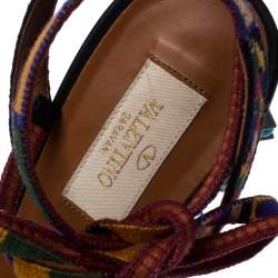 Pre Owned Valentino Black Leather And Fabric Studded Heel Ankle Strap Sandals Size 38.5