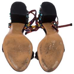 Pre Owned Valentino Black Leather And Fabric Studded Heel Ankle Strap Sandals Size 38.5