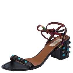Pre Owned Valentino Black Leather And Fabric Studded Heel Ankle Strap Sandals Size 38.5