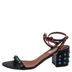 Pre Owned Valentino Black Leather And Fabric Studded Heel Ankle Strap Sandals Size 38.5