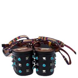 Pre Owned Valentino Black Leather And Fabric Studded Heel Ankle Strap Sandals Size 38.5