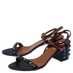 Pre Owned Valentino Black Leather And Fabric Studded Heel Ankle Strap Sandals Size 38.5